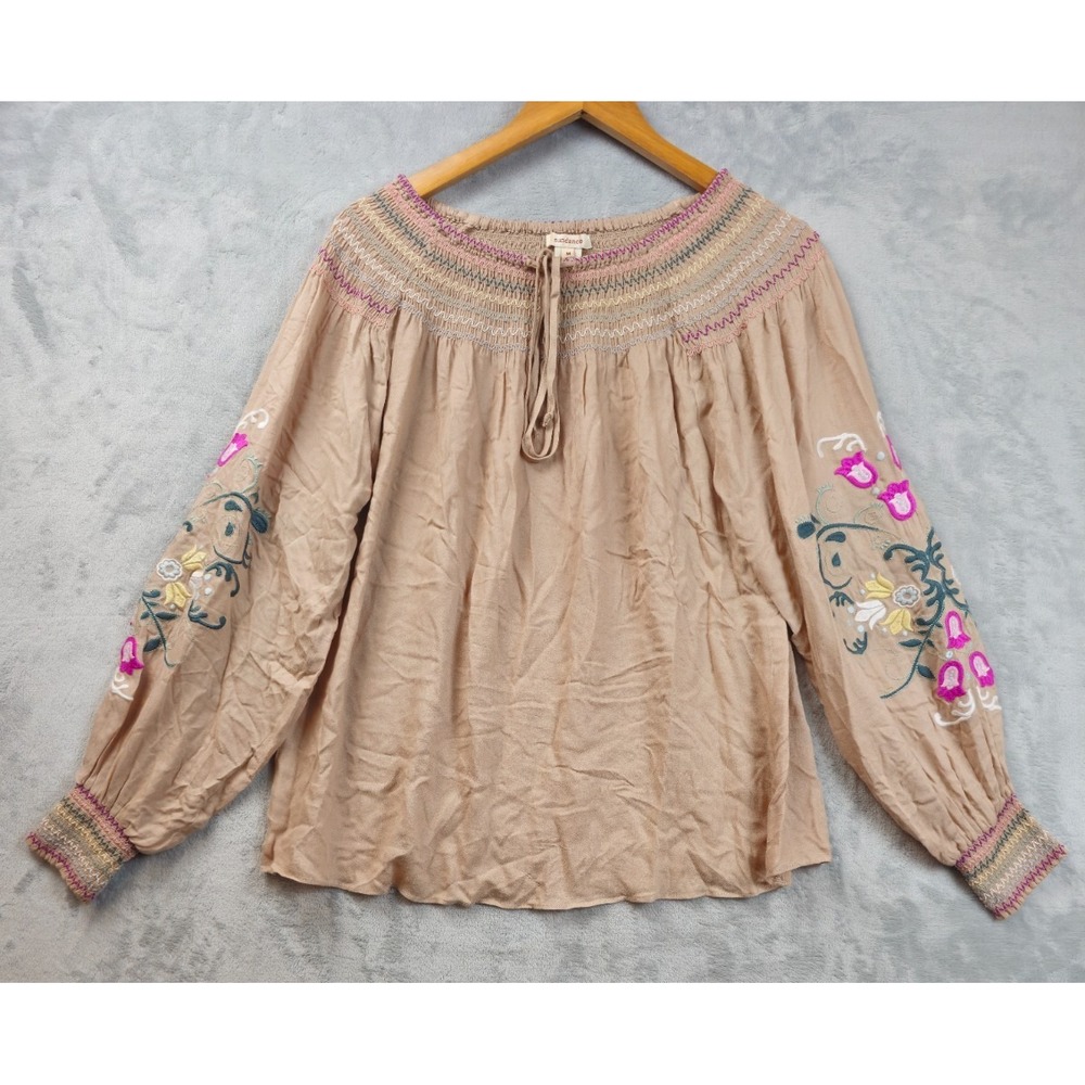 Sundance Womens Medium Brown Embroidered Floral Balloon Sleeve Top Blouse Rayon
